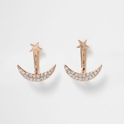 Gold tone star moon front and back earrings